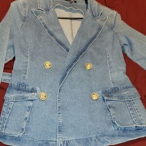 Stylish Women's Denim Blazer with Gold Accents